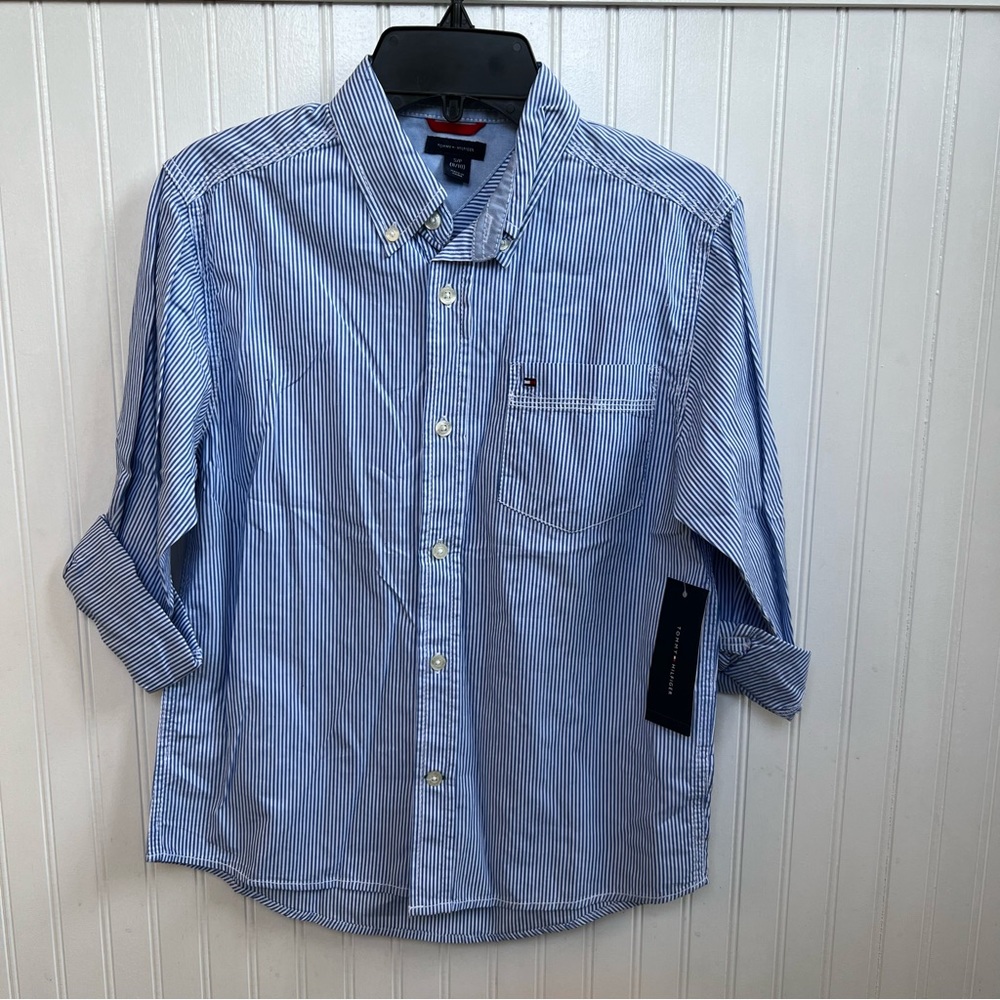 Tommy Hilfiger NWT Blue & White Stripe Button Up Shirts Boys Size Small (8/10)